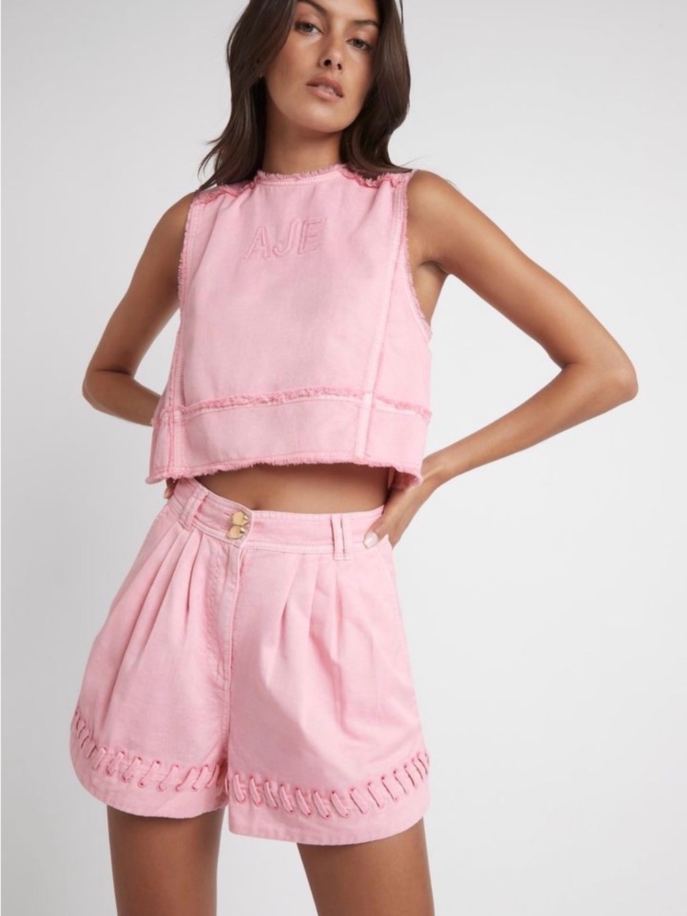 Aje Pink Pleated High-Waist Bermudas